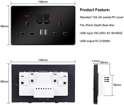 JIMEIDA 5 Pack Double Switched Socket 13 Amp with 2 USB Charging Ports 2 Gang Black PC Plate Wall Outlet Electric Power Socket
