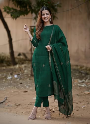 Image of GoSriKi Viscose Printed Straight Kurta with Pant and Dupatta for Women | Viscose Cream | 3 /4 Sleeve | High Neck | Ethnic Wear Casual Wear