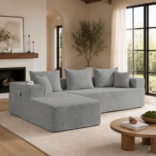 Image of 105'' Cloud Sectional Couch, Modular L-Shaped Boneless Sectional Sofa, Corduroy Deep Seat Couch, Small Space Sofas for Living Room Bedroom Apartment, No Assembly, Grey