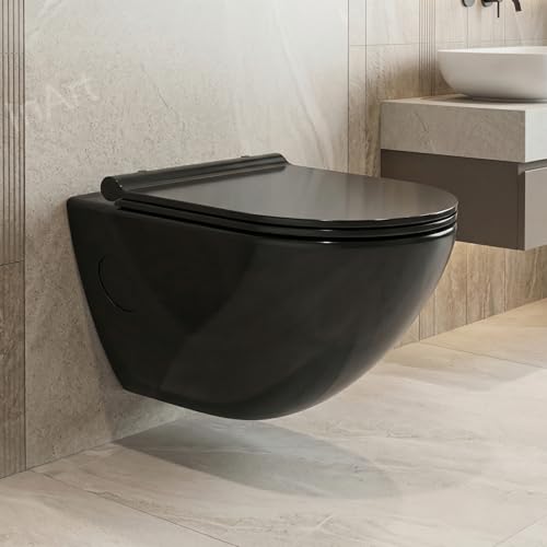 Image of InArt Ceramic Rimless Wall Hung Western Toilet /Commode - P Trap, Glossy Ceramic Round Rimless Toilet WC with Soft Close Seat, Modern Wall Mounted 365mm x 520mm x 360mm Black Color