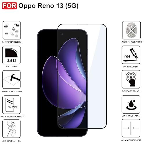 Image of CEDO Tempered Glass for Oppo Reno 13 (5G) | Screen Protector Full HD Quality Tempered Glass Anti-Scratch Edge to Edge Coverage with Easy Installation Kit (Black)