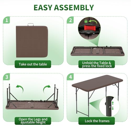 Image of BestOffice 4 FT Picnic Table Folding Table Camping Plastic Table Fold Up Table Lock for Party Event, Brown Ratten
