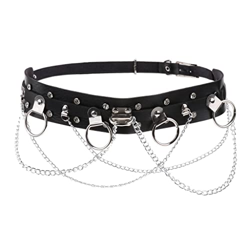 Ceinture en cuir PU noir pour femme avec double chaine metal 95cm