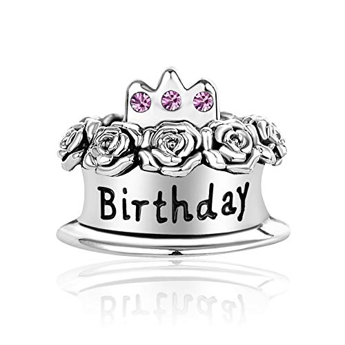 Image of Birthstones Happy Birthday Cake Charms Compatible with Pandora Charms Moments Bracelets Candle Crown Celebration Beads