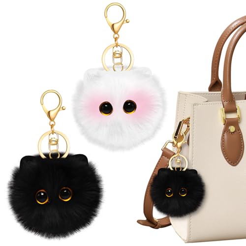 CYUXING 2Pcs Black & White Plush Cat Keychain, Purse Charms Decorations Supplies, Cute Keychains Decor for Women Backpack Accessories Supplies for Backpacks & Handbags