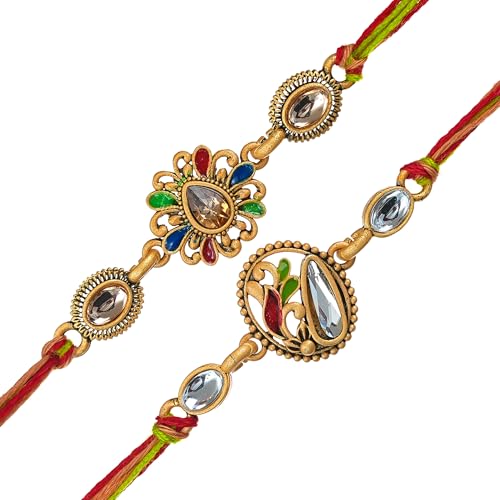 Image of eCraftIndia Multicolor Beautiful Floral Designer Rakhi Set of 2 | Rakhi for Brother Bhaiya Bhai with Best Bro Ever Fridge Magnet | Roli Chawal Pack