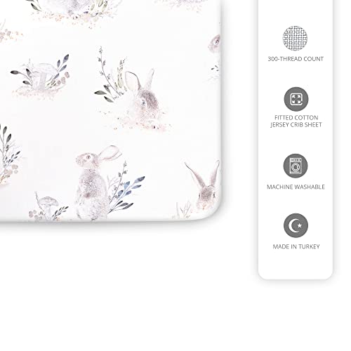 Image of Oilo Crib Sheet, Breathable 100% Turkish Cotton Fitted Jersey, 300 Thread Count, Machine Wash, Fits Standard Crib (28 inch x 52 inch x 6 inch), Toddler Bedding, Girl, Boy, & Neutral Design, Cottontail Bunny