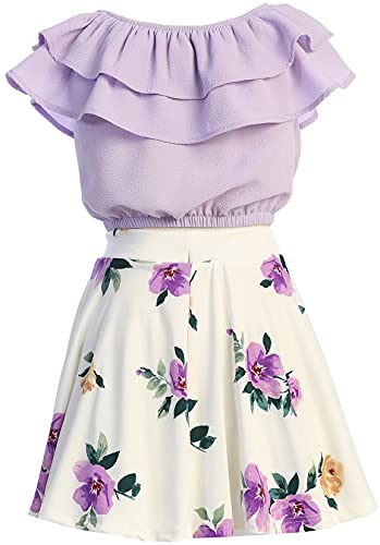 Image of Cold Shoulder Crop Top Ruffle Layered Top Flower Girl Skirt Sets for Girl