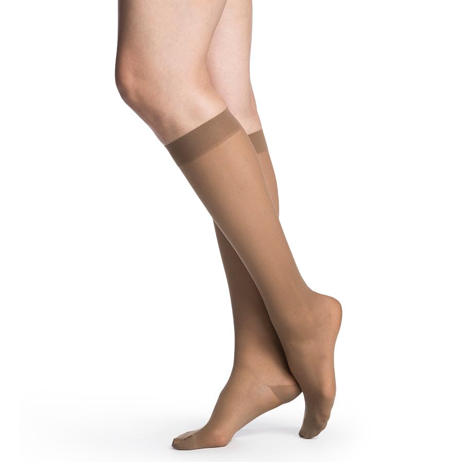 Image of SIGVARIS Women's Style Sheer 780 Open Toe Calf-High Socks 20-30mmHg - Cafe - Medium Short
