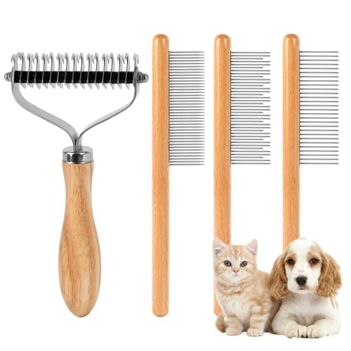 TTONPFA 4 Pack Shedding Brush for Large Dog, Cat Hair Grooming Kits, Knotting Comb, Deshedding and Dematting Brush, Double Sided Undercoat Rake to Remove Mats, Flea Comb Kit with Wood Handle