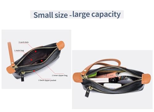 Women Genuine Real Leather Wristlet Wallet Clutch. 2 Zipped Pockets 3 Card Slots Purse (Black)4