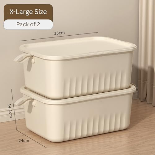 Image of HoopVool Multi Purpose Plastic Storage Bins Stackable Organizer Boxes with Lids, Stackable Crates for Home & Kitchen, items like books, clothes, snacks, toys. (Pack of 2, Medium)