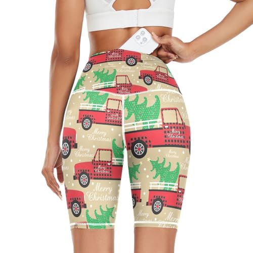 Aflyko Christmas Women Compression Pants Red Truck Green Xmas Tree Stretchy Yoga Leggings Athletic Bikers Bottoms Wide Waistband Cycling Running Shorts, M
