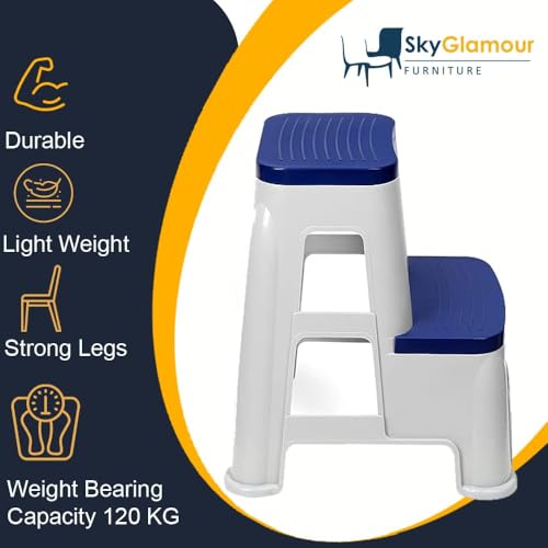 Image of SKYGLAMOUR Plastic Stepper Stool for Home | Office&Kitchen Use with Weight Bearing Capacity of 120 Kg |2 Step Stool for Home| Color: Blue; Pack of 1