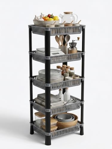 Image of U-Max Multi Tire Kitchen Storage Rack, Plastic Utility Shelf Organiser, Space Saving Storage Solution, Revolving Vegetable Rack (Silver-Regular, 5)