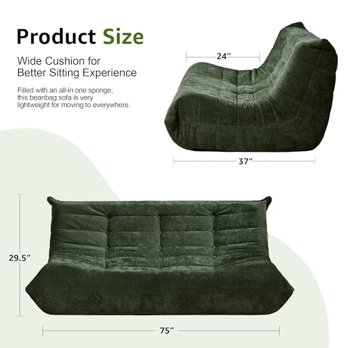 Image of Hobestluk Giant Bean Bag Chair Faux Fur BeanBag Couch for Living Room | Green Chenille, 3-Seater,Ergonomic Design,Memory Foam,Anti-slip Bottom,No Assembly Required,Decorative Style for Living Room