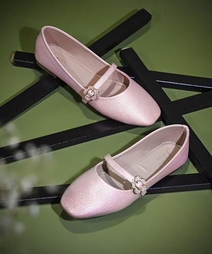 Image of JM LOOKS Elegant Textured Metallic Mary Jane Flats with Floral Buckle Detail and Comfortable Low Profile Sole
