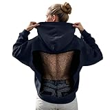 Damen Hohl Mesh Rücken Hoodies Pullover Durchsichtig Sweatshirt Glitzer Oversized Hoodies Party...