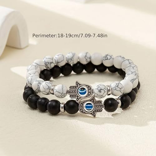 Image of Fashion Frill Couple Bracelets Black & White Onyx Evil Eye Stretchable Wrist Band Bracelet For Women Men Boys Girls Love Gifts Friendship Promise Bracelets