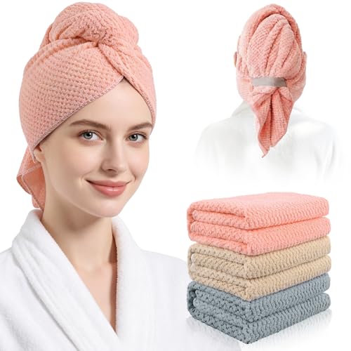 Image of 3 Pack Microfiber Hair Drying Towels for Women, Super Absorbent Microfiber Hair Towel for Curly Hair, Hair Drying Towel Wrap for Hair Care with Elastic Strap