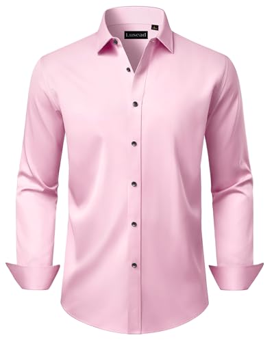 Lusead Pink Dress Shirts for Men Valentines Day Long Sleeve Satin Wrinkle Free Stretch Slim fit Formal Button Up Shirt Men