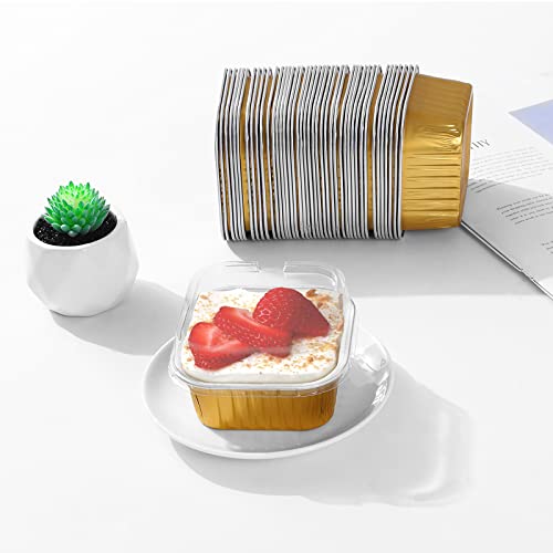 Aluminum Foil Mini Square Baking Cups,Heyyumi 50Pcs 5Oz Disposable Ramekins With Lids,Mini Cake Pans,Cupcake Cups Muffin Tins Liners,Individual Dessert Containers Flans For Brownie Cheesecake(Golden) #TOP6
