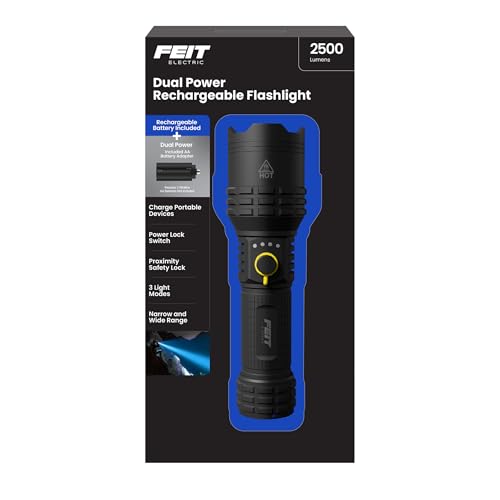 Feit Electric Flex Power Flashlight 2500 Lumens Rechargeable & AA Battery Compatible Aircraft-Grade Aluminum USB-C Fast Charging Emergency Glass-Break Bezel Twist Zoom Focus FLR2500/FLEX