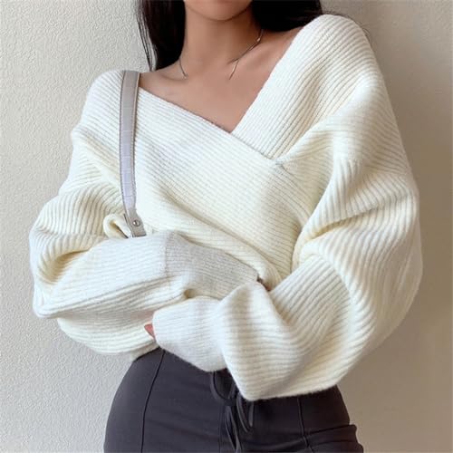 Women White V-Neck Knitted Sweater Long Sleeve Sexy Pullover Jumper Knit Tops2