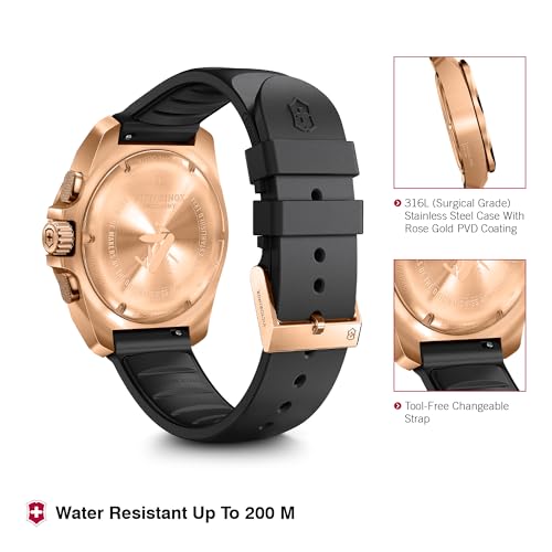 Image of Victorinox I.N.O.X. Chrono, Swiss Made Chronograph Men's Watch, 43 mm Black Dial, 200M Water Resistance, Rose Gold PVD Stainless Steel Case and Bezel (Black Rubber Strap - 249177)