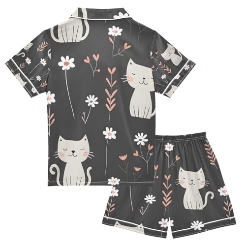 senya Cat with Flower A Satin Summer Pajama Sets Silk Short Sleeve Button Down Sleepwear2