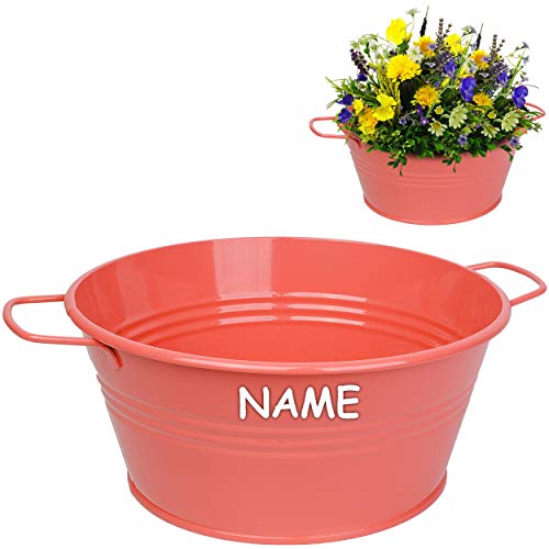 alles-meine.de GmbH Metall - Blumentopf/Pflanzkübel/Pflanzschale - rosa/lachs/pink - RUND - inkl. Name - 25 cm - frostsicher - MITTEL groß - mit Henkel - Eimer/Dekotopf..