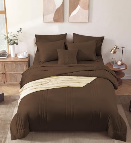 Image of Monbix Full Comforter Set - 7 Pieces Chocolate Brown Bed in a Bag Full Size Bedding Sets with Comforters, All Seasons Comforter with Sheets, Pillowcases & Shams