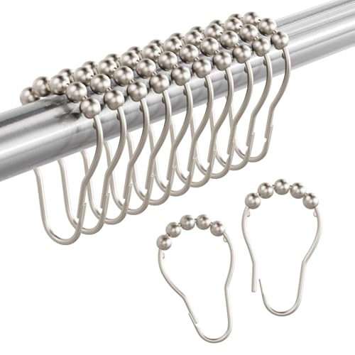 Image of Amazer Shower Curtain Hooks Rings, Anti-Rust Metal Double Glide Shower Hooks for Bathroom Shower Rods Curtains-Set of 12-Matte Nickel
