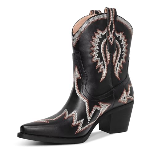 Image of HOCHFART Western Boots for Women Metallic Embroidered Pointed Toe Cowgirl Boots Chunky Heel Pull-On Short Cowboy Boots Wide Calf Country Ankle Boots