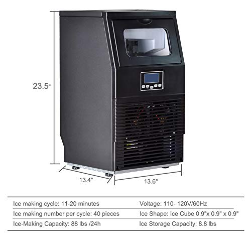 Smad Ice Maker Machine Automatic Household Commercial Ice Maker Undercounter, Manual & Automatic Water Supply, 11~20 Minutes per Cycle, 88 lbs Ice in 24 h, Storing Ice 8.8 lbs, Black
