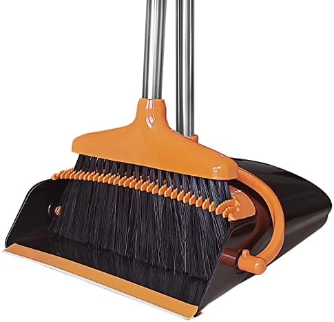 Broom and Dustpan Set with Long Handle (51" Length ) Extendable Dust Pan Combo for Cleaning Lobby Kitchen Office（Black and Orange