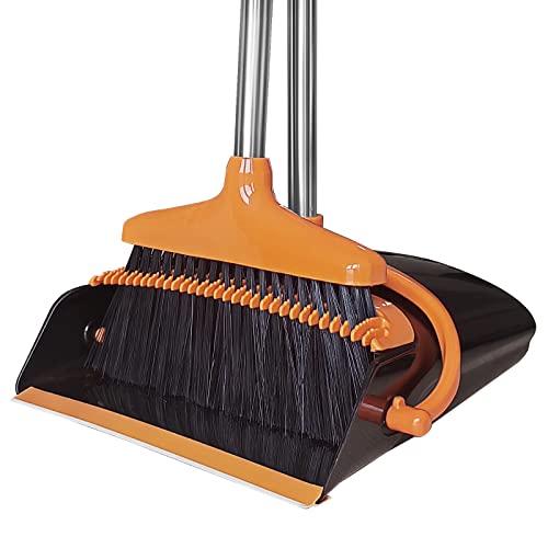 Broom And Dustpan Set With Long Handle (51" Length ) Extendable Dust Pan Combo For Cleaning Lobby Kitchen Office（Black And Orange #TOP1