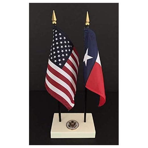 Made in the USA. 1 American and 1 State Rayon 4"x6" Office Desk & Little Table Flag Executive Set, Includes a 2-hole White ArcticSno Flag Base with a USA Great Seal and Two flags (Texas)