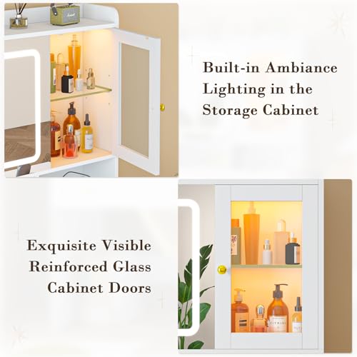 CSZZD Vanity Desk with Mirror and Lights, White Makeup Vanity Desk with Charging Station, Dressing Table with Storage Drawers, RGB Cabinets and Hidden Jewelry Rack for Bedroom, 3 LED Light Modes