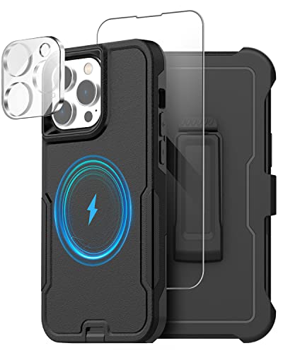 Aicase For Iphone 14 Pro Max Belt Clip Case With Glass Screen Protector+Camera Lens,[Compatible Magsafe] Heavy Duty Drop Protection Full Body Rugged Shockproof Military Protective Tough Durable Cover #TOP3