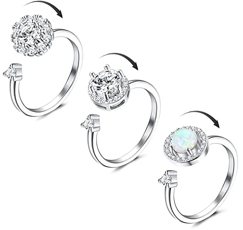 Finrezio 3pcs Fidget Anneaux d'Anxiété pour Femmes Réglable Anneau Ouvert Ensemble Spinner Fidget Anneaux pour Anxiété Fleur Abeille Cubique Zircone Perle Stress Stress Relief Anneaux Cover