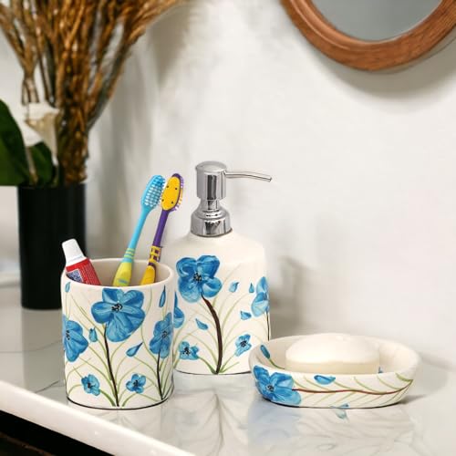 Image of Premium Ceramic Bathroom Accessories Set of 3 | Luxury Bath Set with 300ml Soap Dispenser, Toothbrush Holder & Soap Dish | Hand-Painted Decor Items | White & Blue Floral Pattern