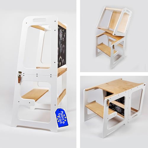 Image of Foldable helper tower - Table & Chair with Chalkboard All-In-One (White & Lacquered)