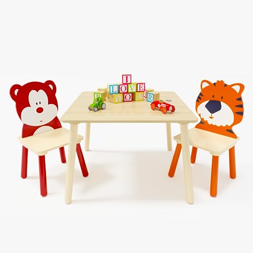 FAMIKITO Kids Table and 2 Chairs Set, 3 Pieces Wooden Activity Play Table Set, Toddler Table and Chair Set for Boys & Girls Daycare Home Children Playroom School Kindergarten (Tiger & Bear)