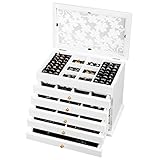 【Exquisite Handwerkskunst】 Die transparente Acrylplatte ist aus dunkelbraunem/weißem Kiefernholz gefertigt und mit eleganten und aufwendigenBlumenmustern verziert. Das Muster verleiht dieser Schmuckschatulle eine einzigartige Schönheit fügt sich elegant in ihren Wohnraum ein.