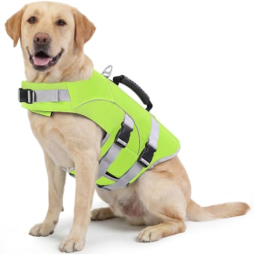 ASENKU Dog Life Jacket for Swimming & Boating High Buoyancy Dog Life Vest with Rescue Handle Reflective & Adjustable Fit for Small to Large Dogs (Neon Green XL)