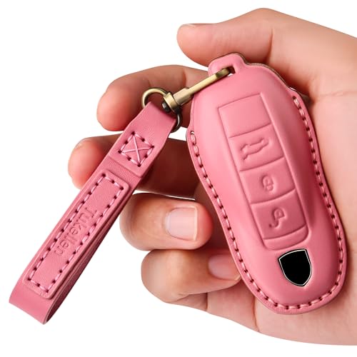 Tukellen for Porsche Leather Key Fob Cover with Keychain Key Shell Compatible with Panamera, Macan, Cayenne, 911-Pink