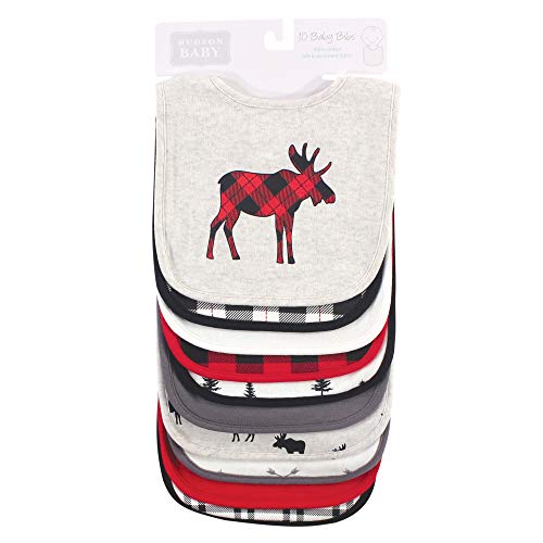 Image of Hudson Baby Unisex Baby Cotton Bibs, Buffalo Plaid Moose, One Size