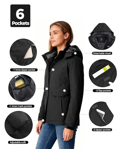 wantdo Women's Mountain Waterproof Snowboard Jacket Windproof Winter Jackets Ski Coat Black L - Thumbnail 6