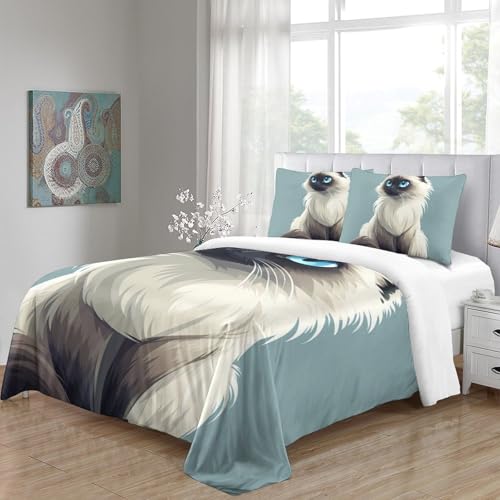 Housse de couette chat 3D 260x220cm en microfibre avec deux taies d'oreiller